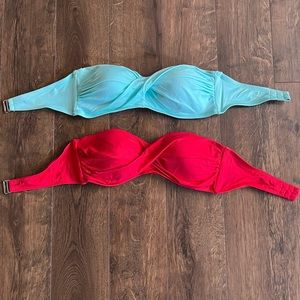 Strapless blue and red bathing suit tops.